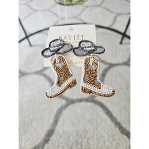 Kay Lee Silver White Cowboy Hat Boots Earrings New